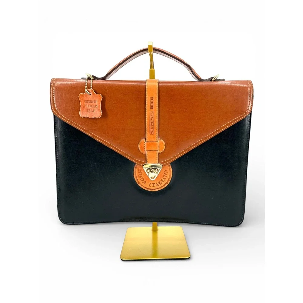 Vintage Moda Italiana Black Brown Leather Briefcase Document Bag
